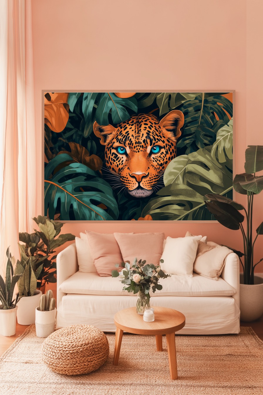 Illustration Poster Leopard Blick blau orangetöne grün