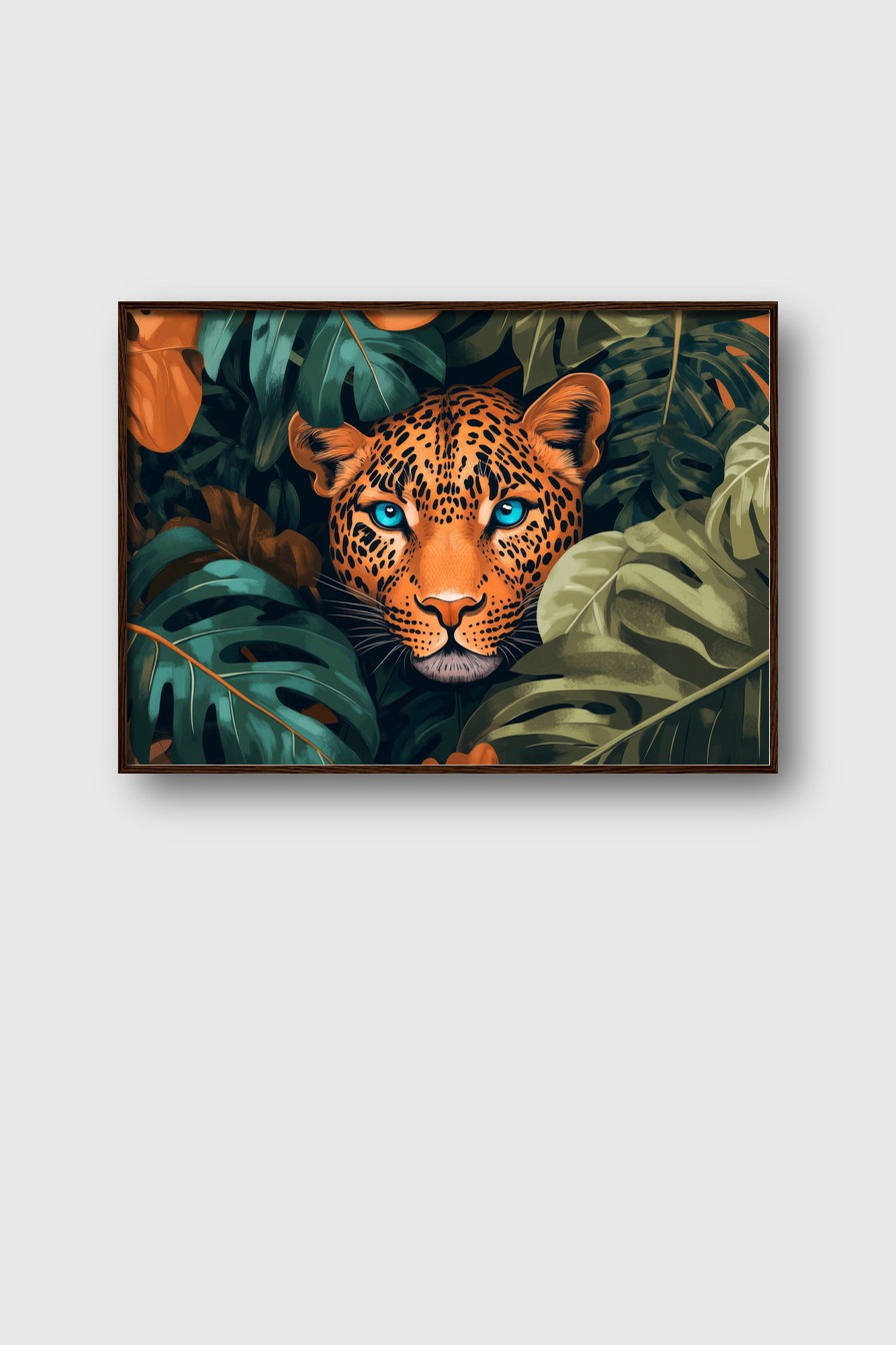 Illustration Poster Leopard Blick blau orangetöne grün