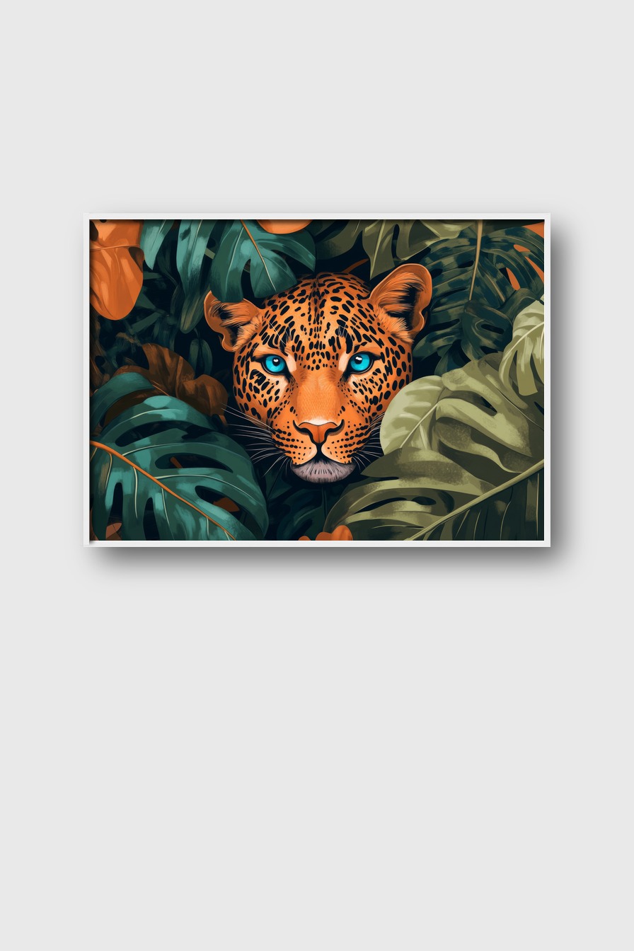 Illustration Poster Leopard Blick blau orangetöne grün