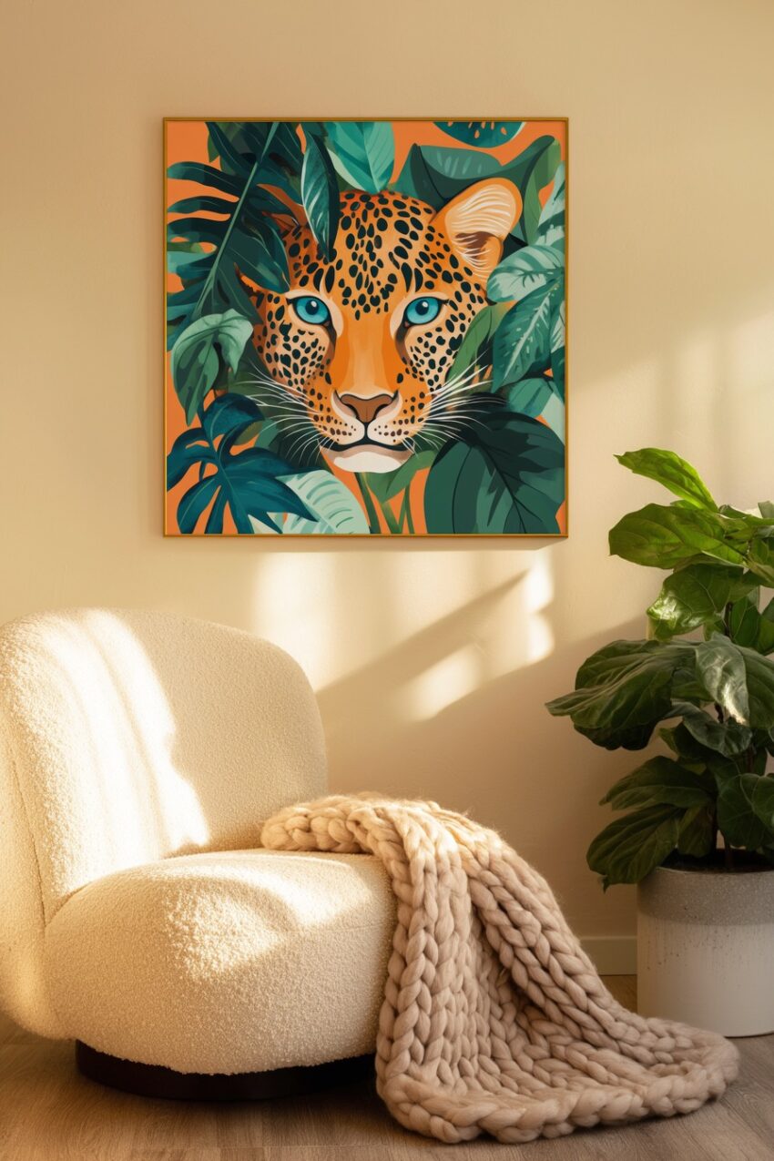 Illustration Poster Leopard blaues Auge orange grün