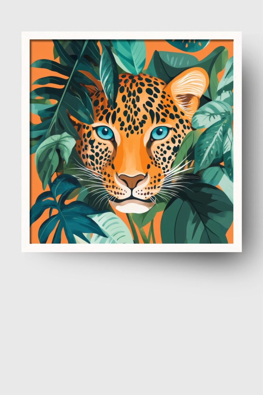 Illustration Poster Leopard blaues Auge orange grün