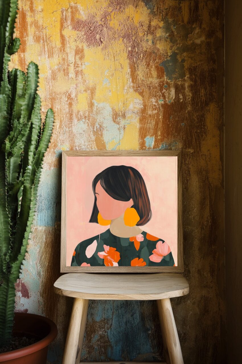 Illustration Poster Frau Blumenmuster orange minimalistisch