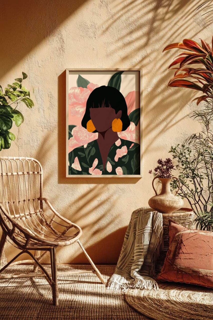 Illustration Poster Frau orange Ohrringe Blumenmuster
