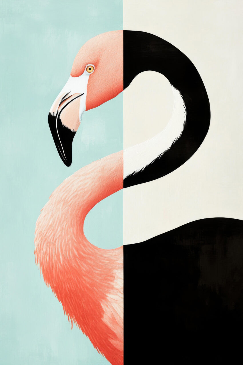 Illustration Poster Flamingo Halbporträt rosa schwarz-weiß minimalistisch