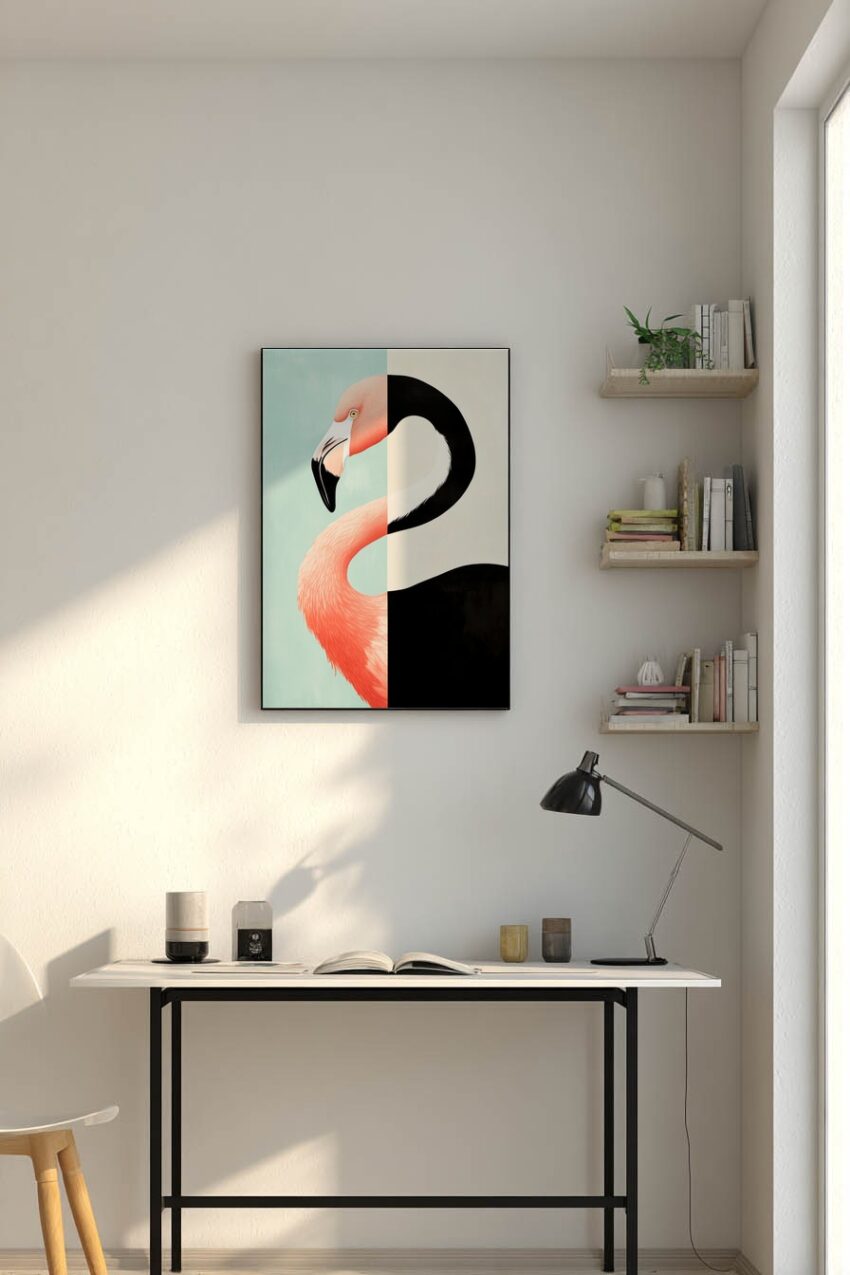 Illustration Poster Flamingo Halbporträt rosa schwarz-weiß minimalistisch