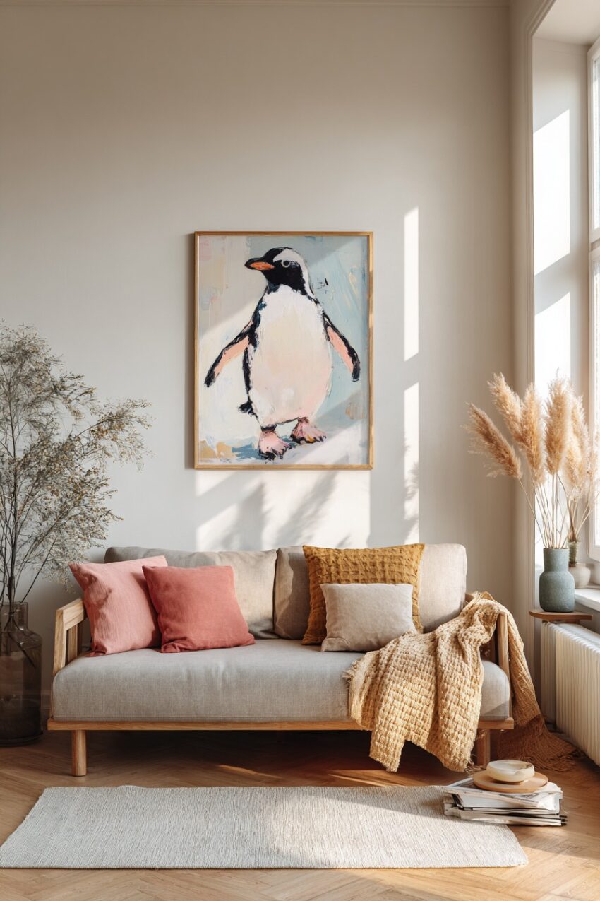 Malerei Poster Pinguin frontal schwarz weiß rosa