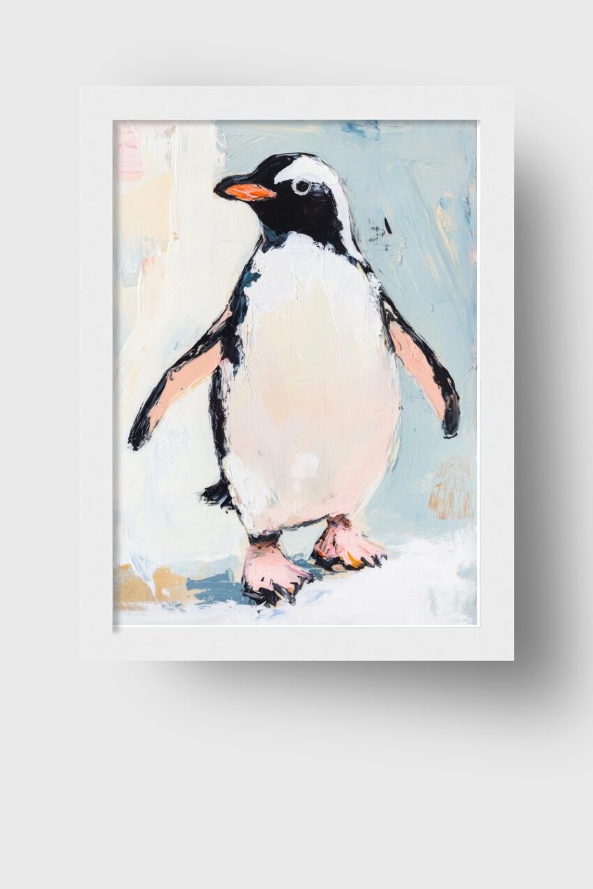 Malerei Poster Pinguin frontal schwarz weiß rosa