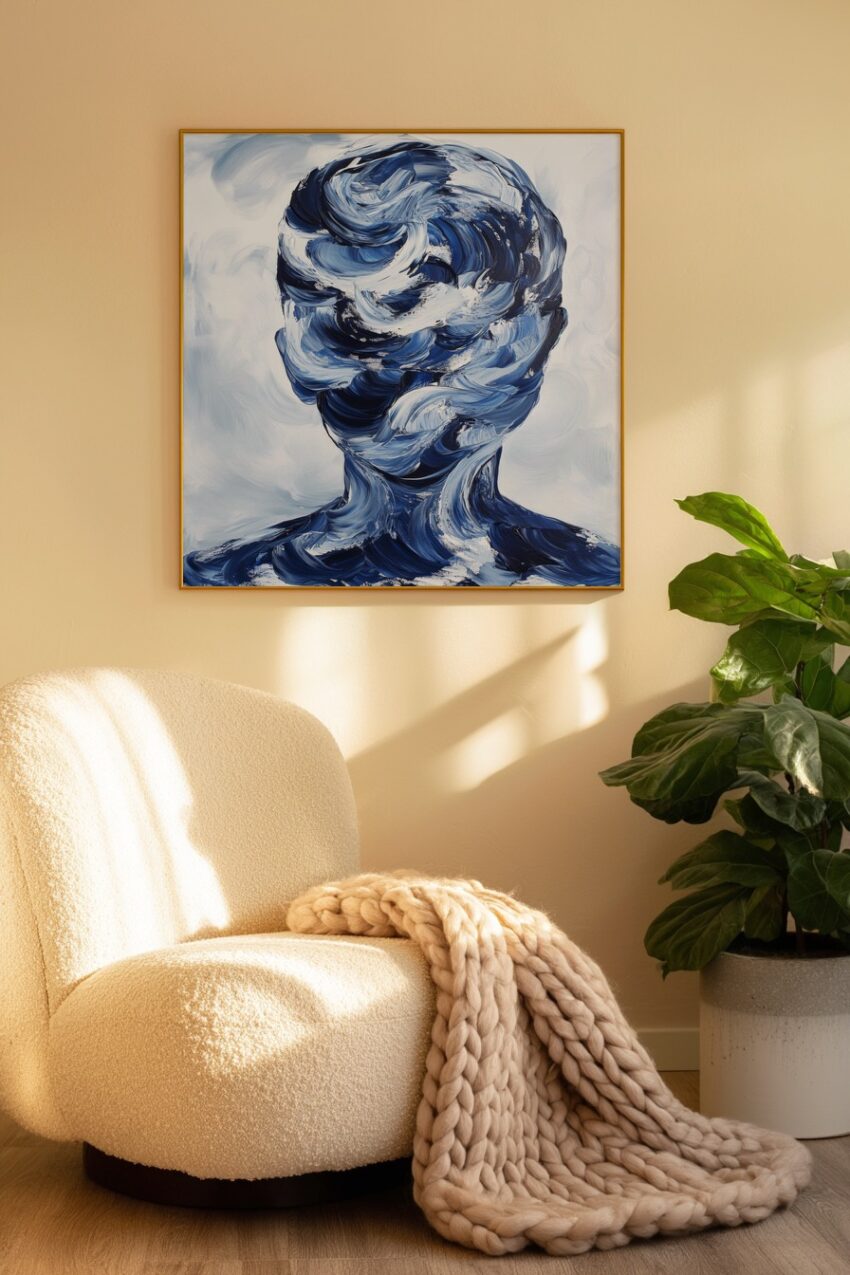 Malerei Poster abstrakter Kopf Blau Weiß Pinselstrich