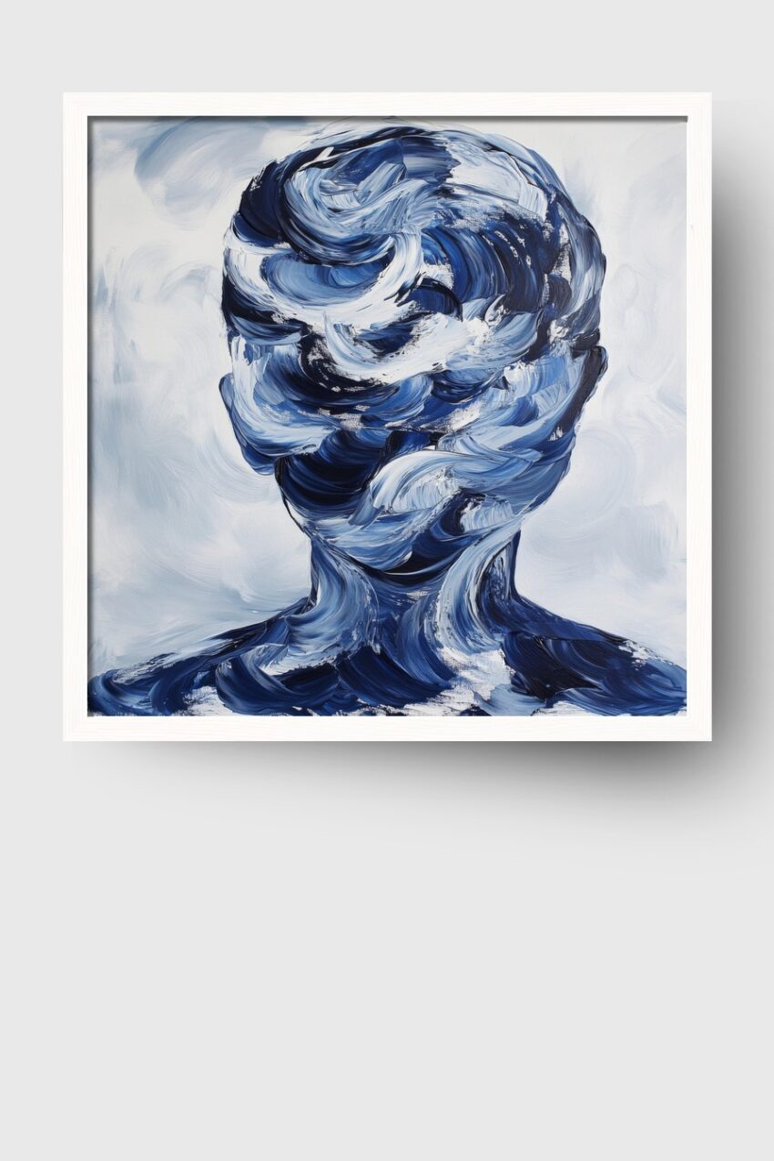 Malerei Poster abstrakter Kopf Blau Weiß Pinselstrich