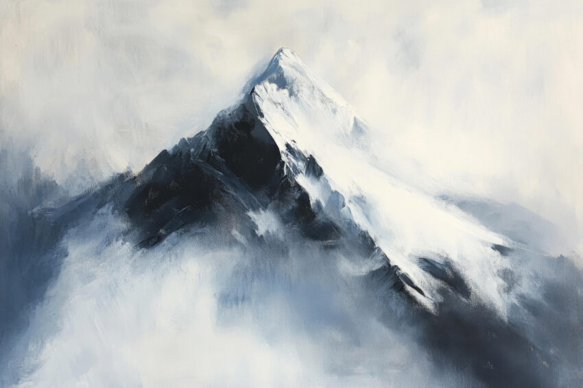 Malerei Poster Berg Schnee nebel monochrom