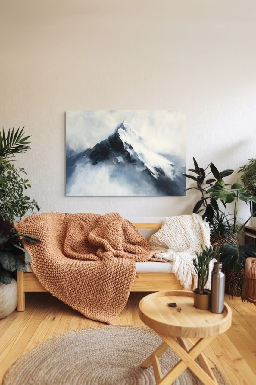 Malerei Poster Berg Schnee nebel monochrom