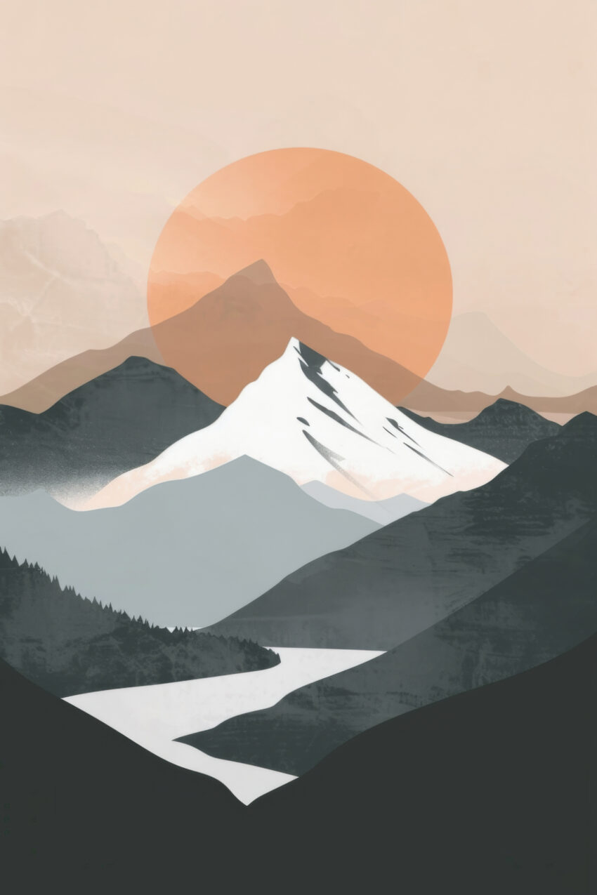 Illustration Poster Berglandschaft Sonnenkreis orange minimalistisch