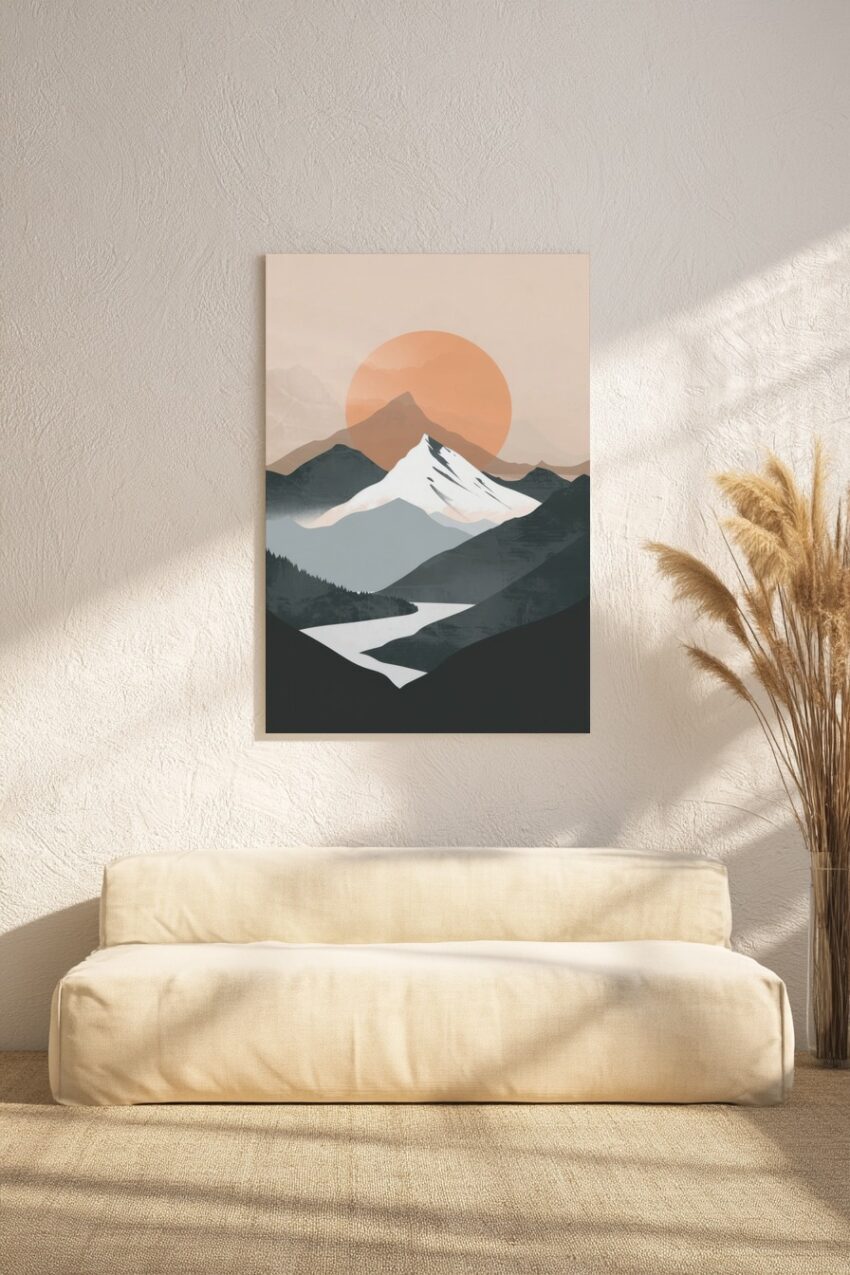 Illustration Poster Berglandschaft Sonnenkreis orange minimalistisch
