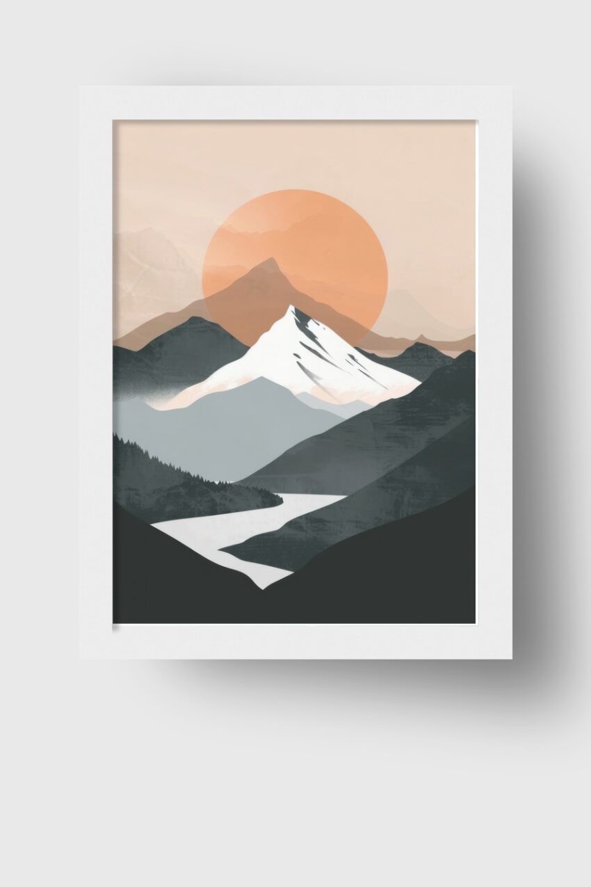 Illustration Poster Berglandschaft Sonnenkreis orange minimalistisch