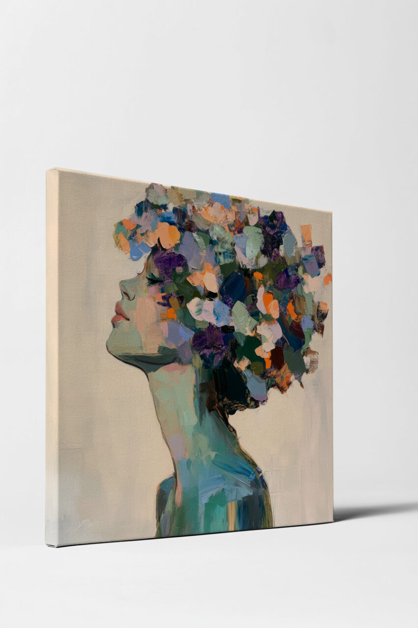 Malerei Poster Frau Kopf Blumen bunt kräftig