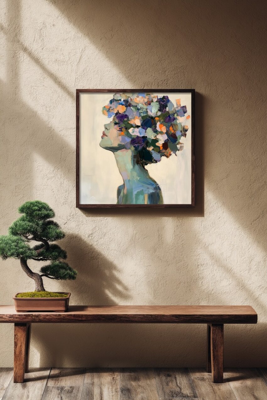 Malerei Poster Frau Kopf Blumen bunt kräftig