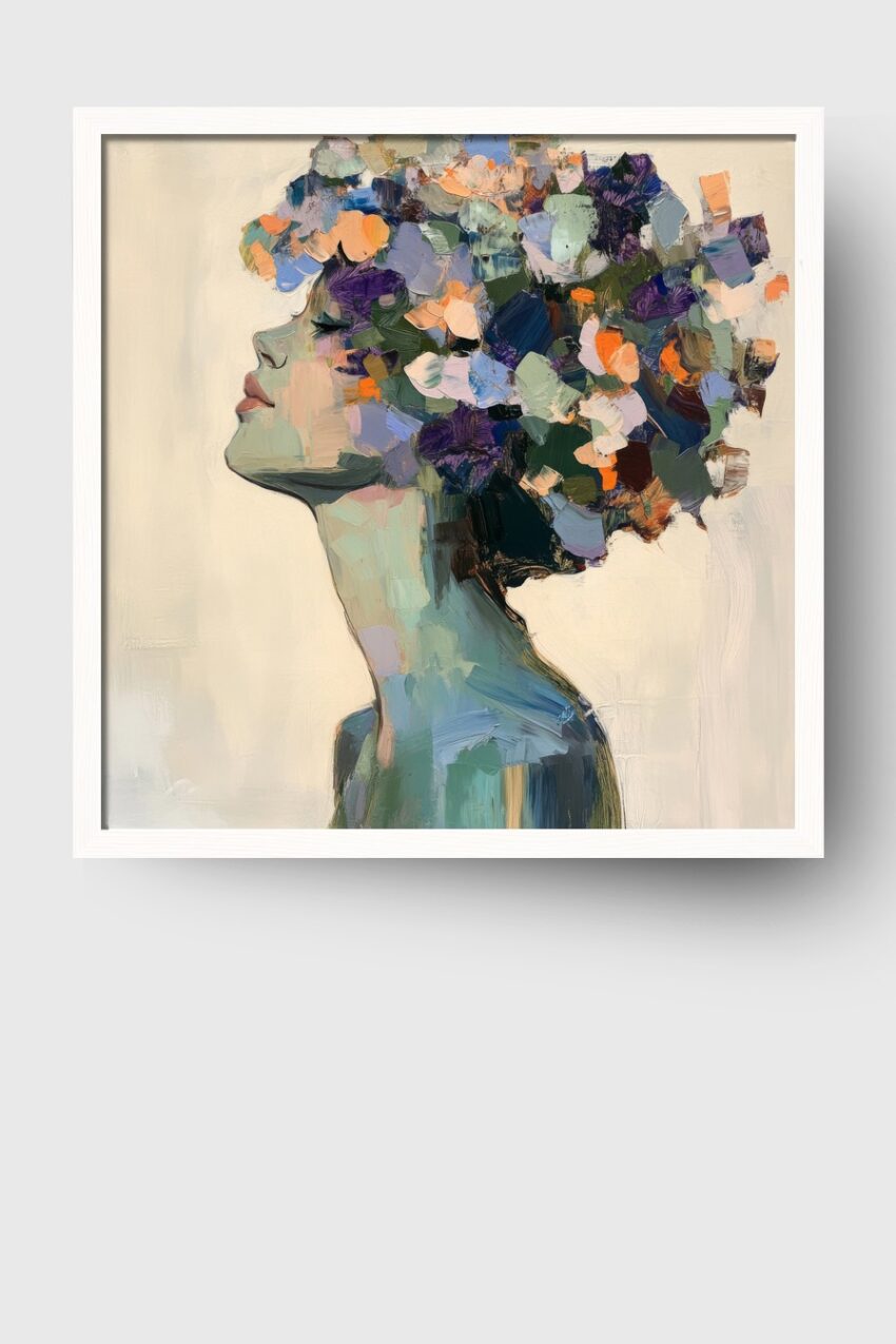 Malerei Poster Frau Kopf Blumen bunt kräftig