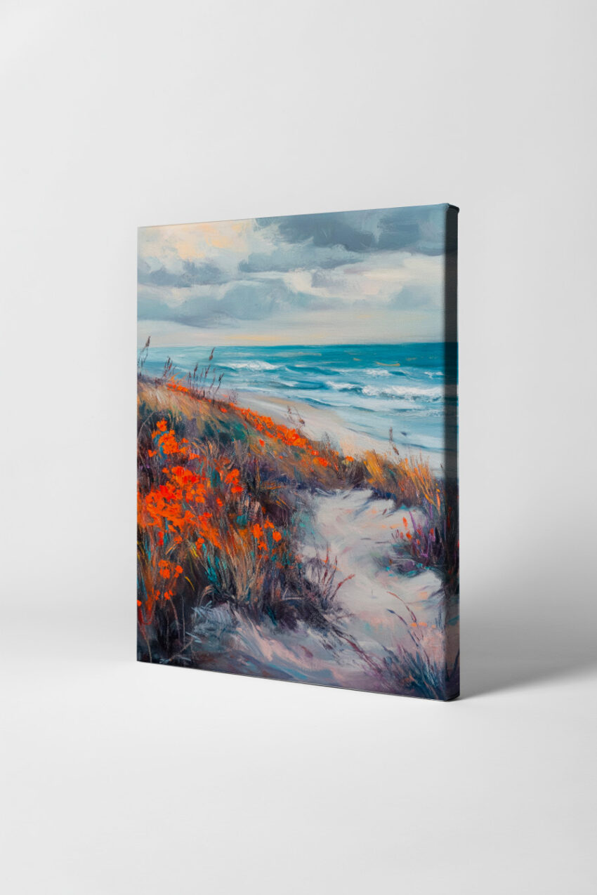 Malerei Poster Strandweg Küste orange Blumen blau