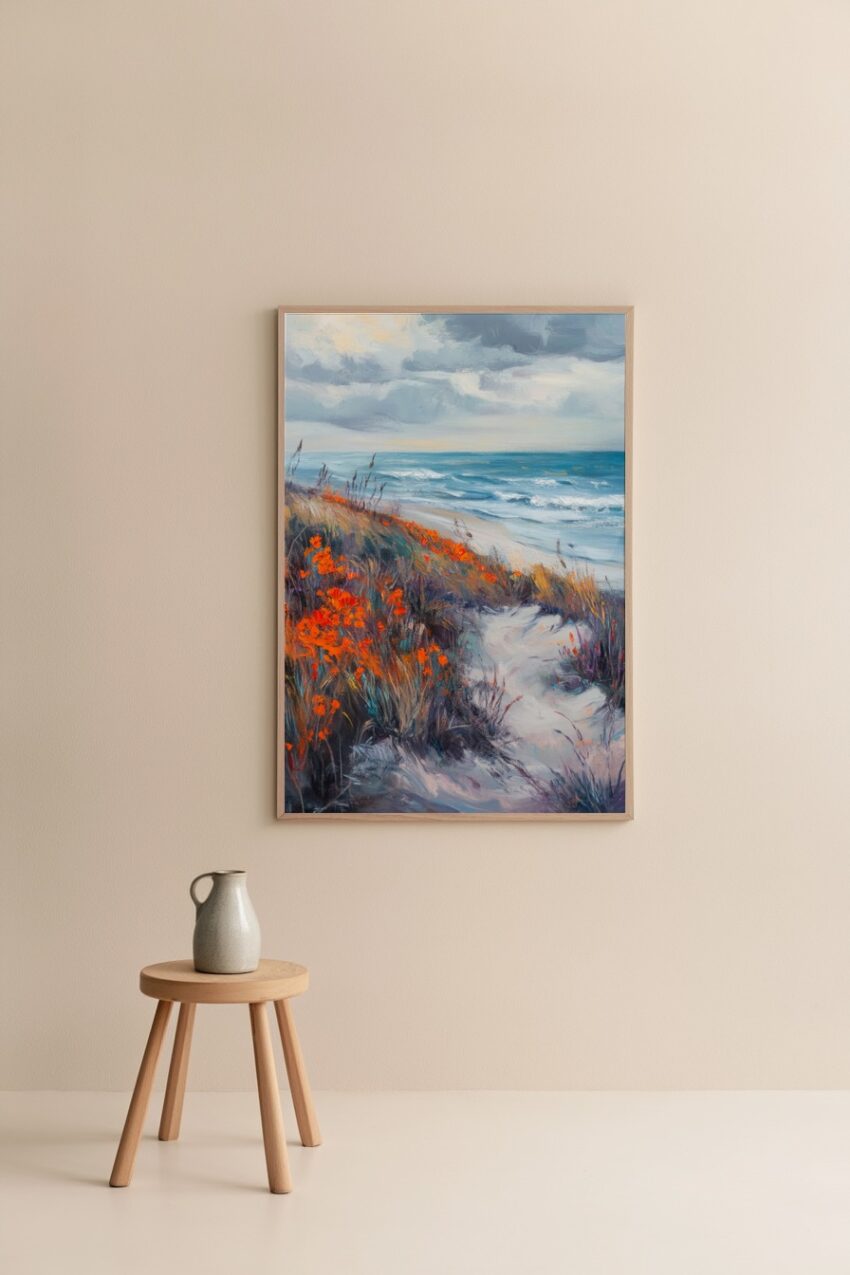 Malerei Poster Strandweg Küste orange Blumen blau