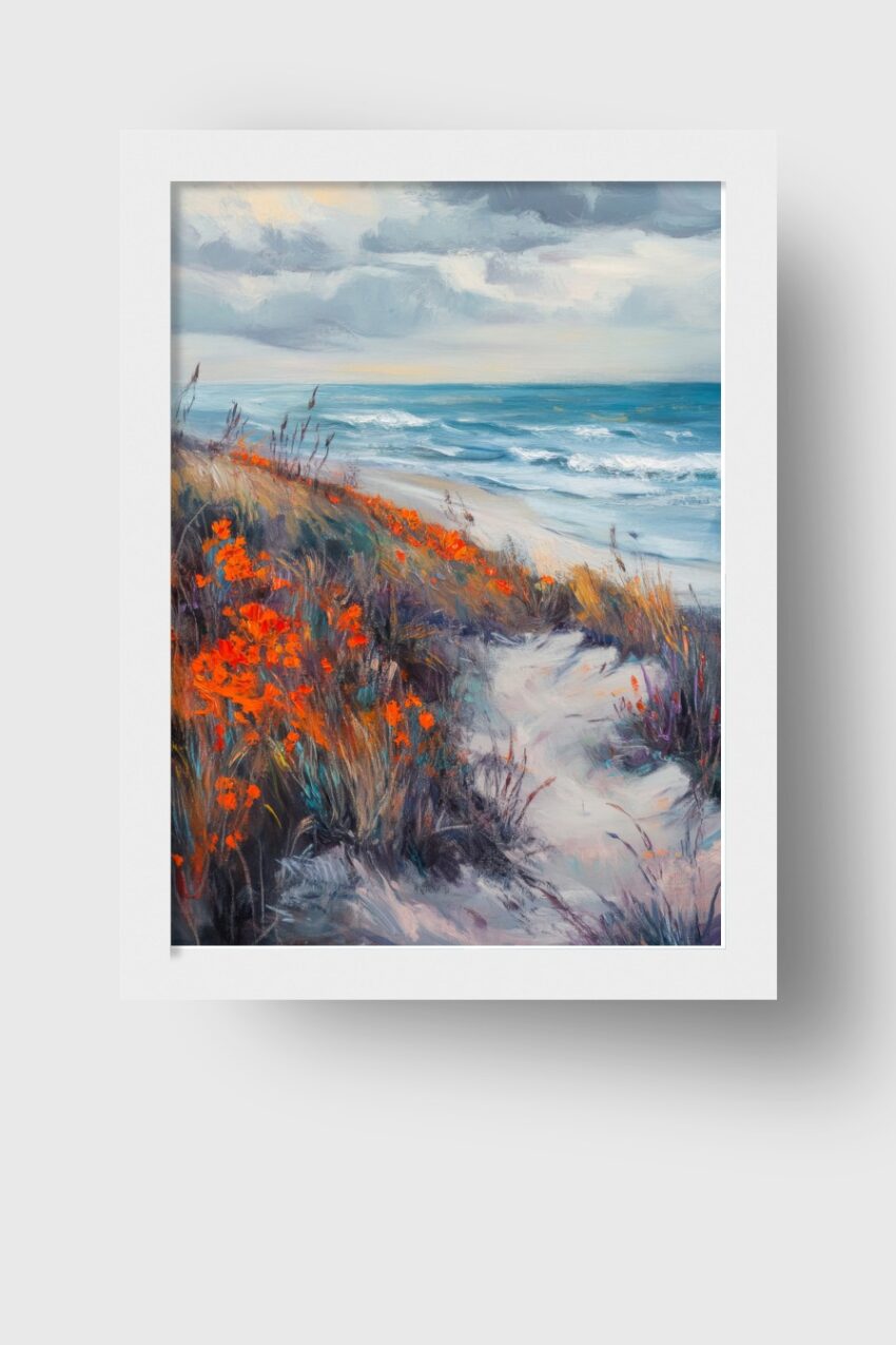 Malerei Poster Strandweg Küste orange Blumen blau