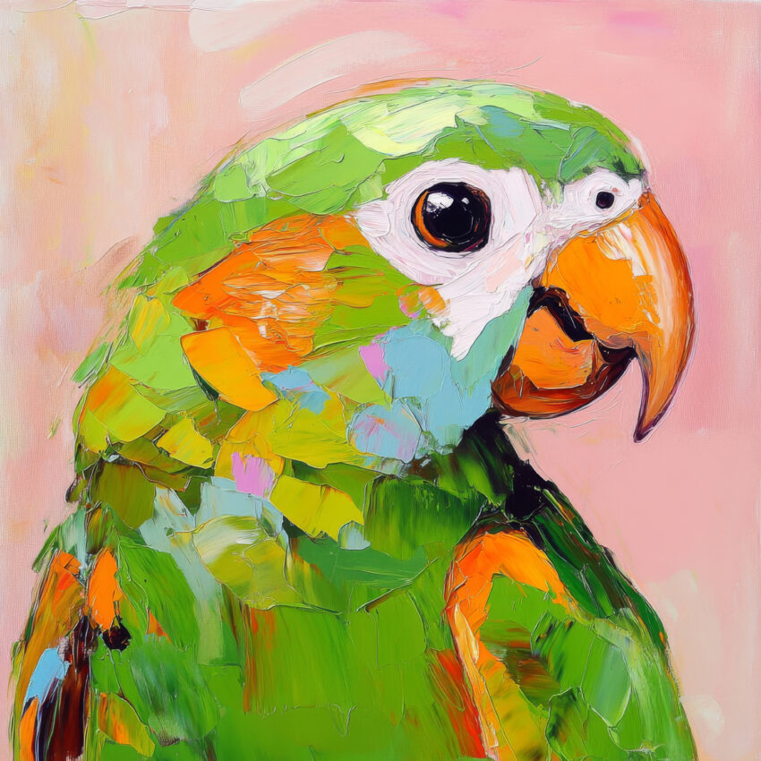 Ölgemälde Poster Papagei lebendig bunter Schnabel orange grün