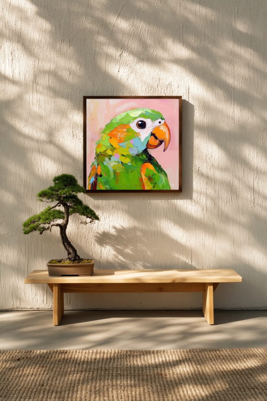 Ölgemälde Poster Papagei lebendig bunter Schnabel orange grün