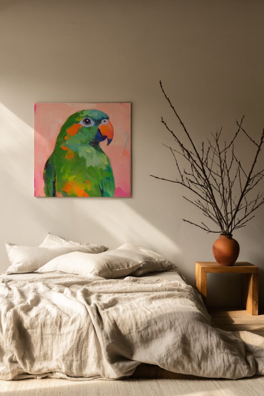 Malerei Poster Papagei grün orange Rosa Hintergrund