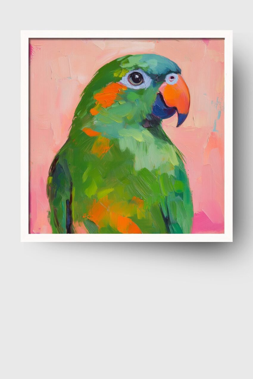 Malerei Poster Papagei grün orange Rosa Hintergrund