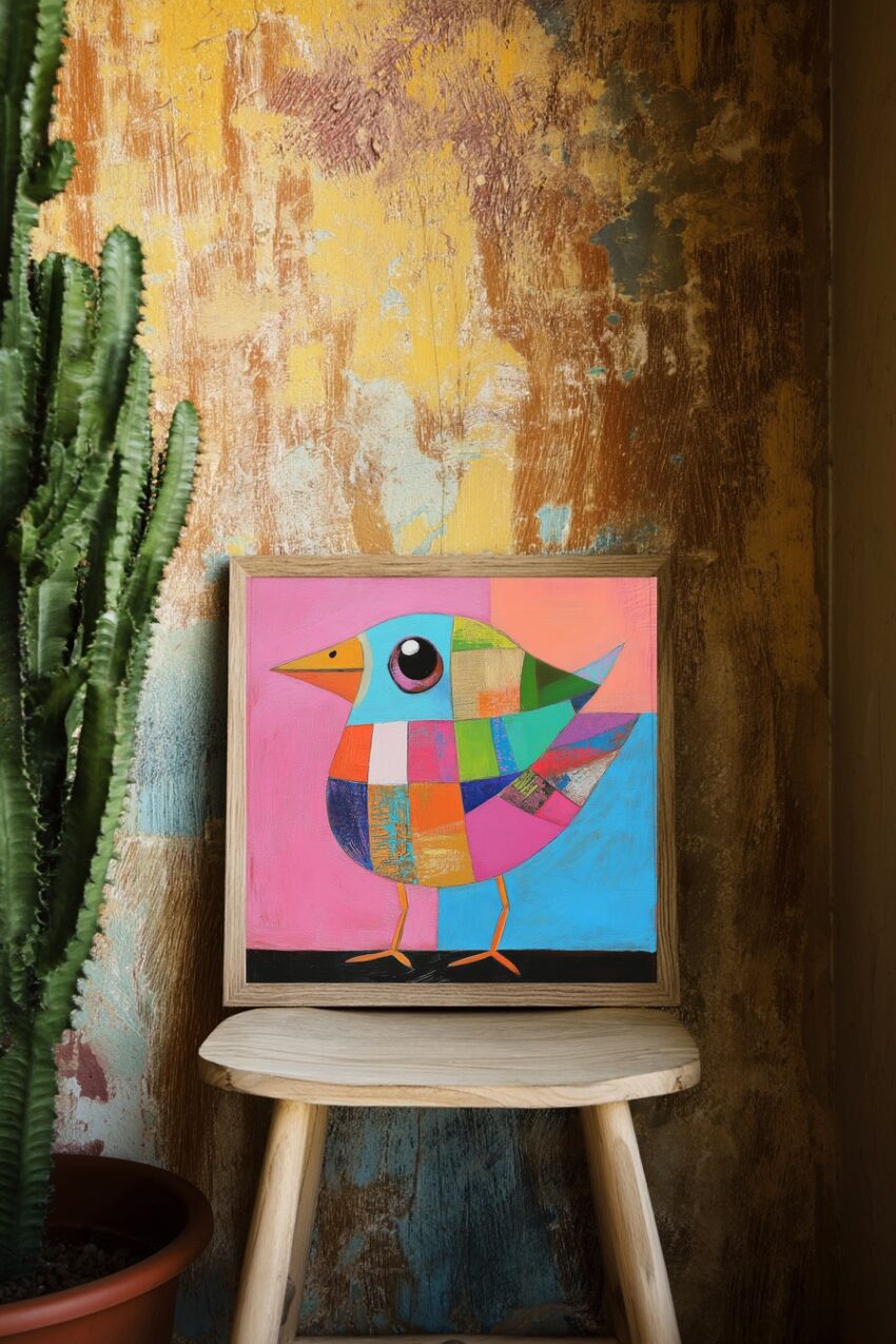 Grafikdesign Poster Vogel bunt farbig geometrisch rosa blau