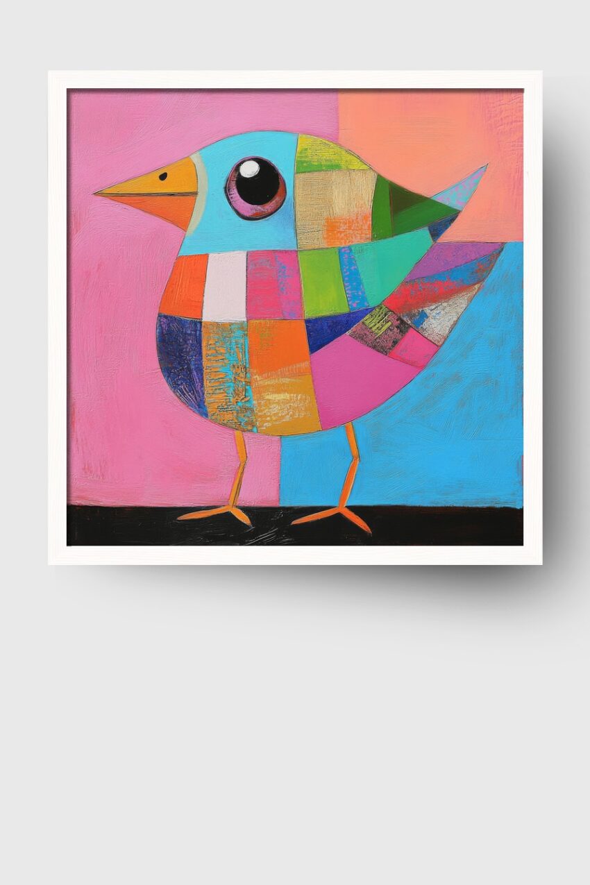 Grafikdesign Poster Vogel bunt farbig geometrisch rosa blau