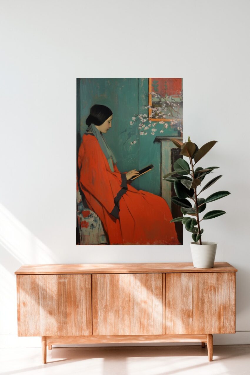 Malerei Poster Frau rot sitzend lesend
