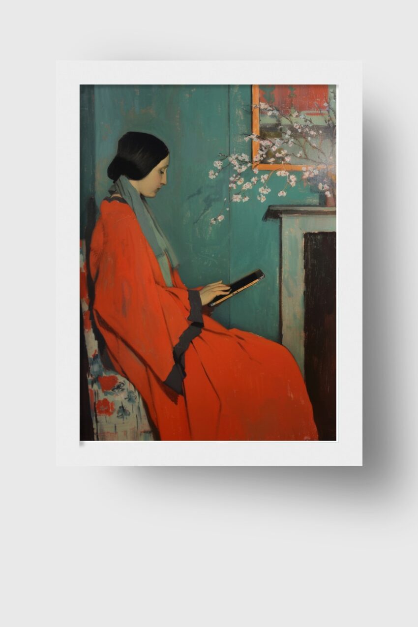 Malerei Poster Frau rot sitzend lesend