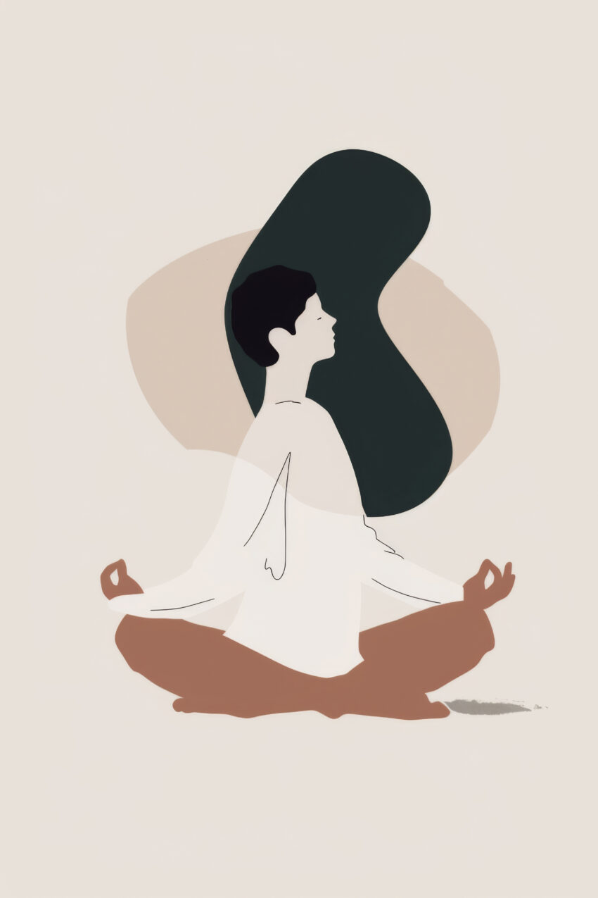 Minimalismus Poster Frau meditierend schlichte Formen beige braun