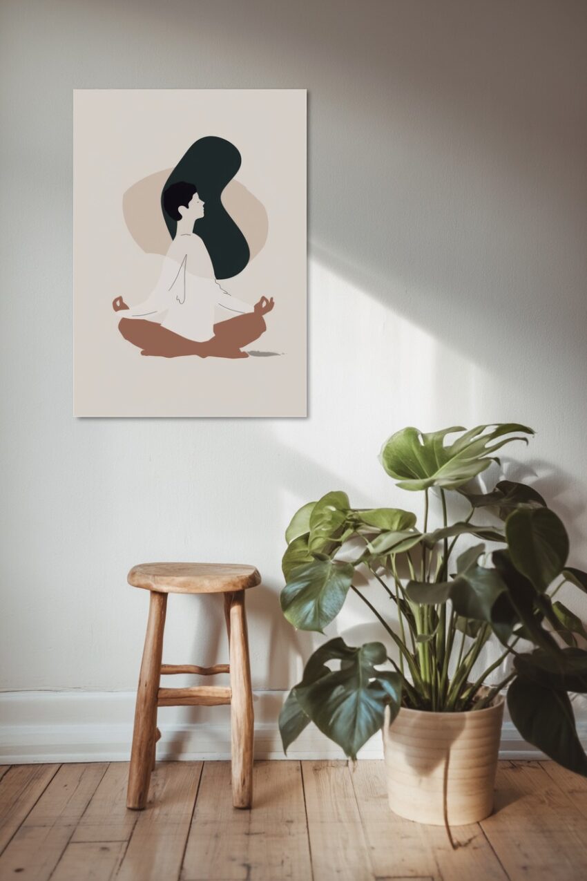 Minimalismus Poster Frau meditierend schlichte Formen beige braun
