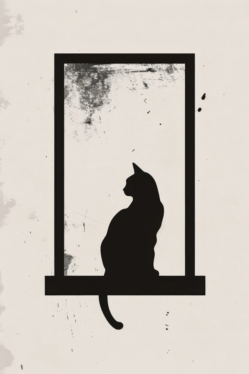 Minimalistisch Poster Katze Fenster schwarze Silhouette