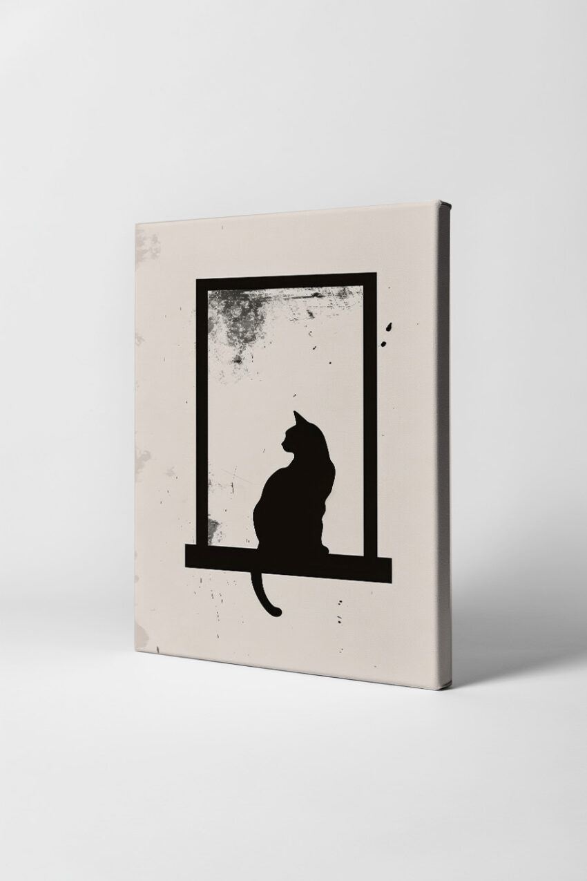 Minimalistisch Poster Katze Fenster schwarze Silhouette