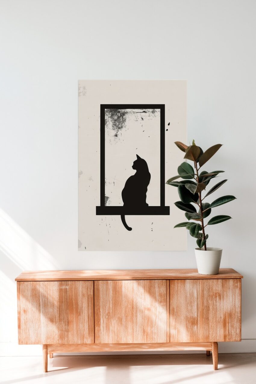 Minimalistisch Poster Katze Fenster schwarze Silhouette