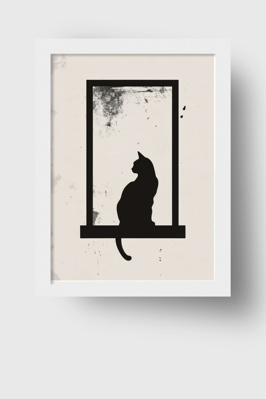 Minimalistisch Poster Katze Fenster schwarze Silhouette