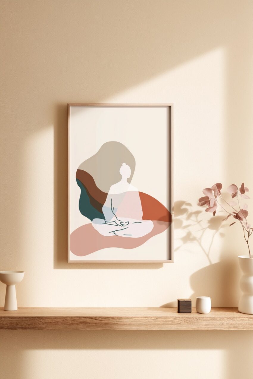 Illustration Poster Meditation sitzende Figur beige braun