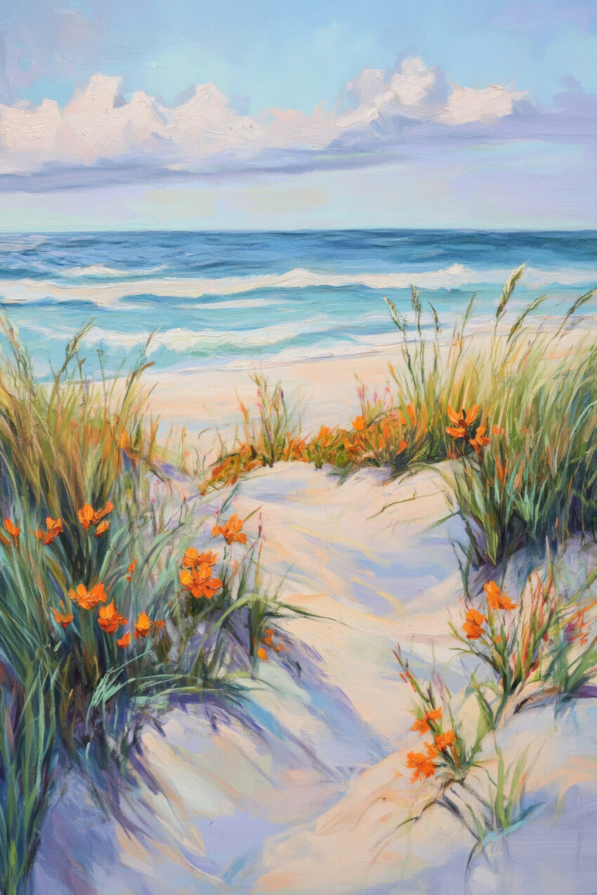 Malerei Poster Strandweg Blumen orange Natur Dünen