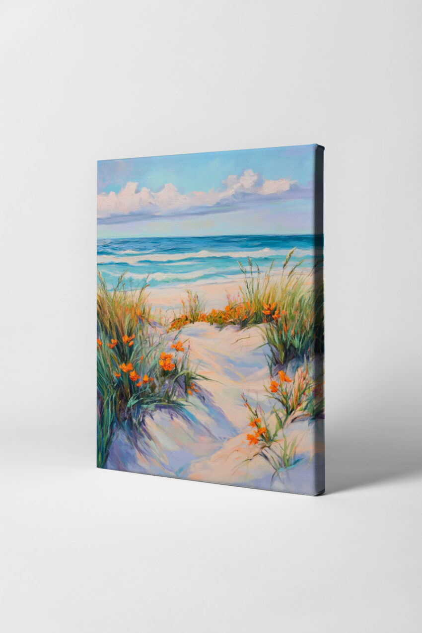 Malerei Poster Strandweg Blumen orange Natur Dünen