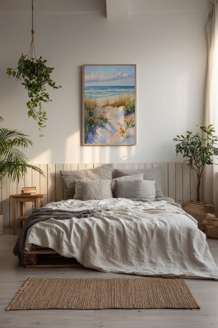 Malerei Poster Strandweg Blumen orange Natur Dünen