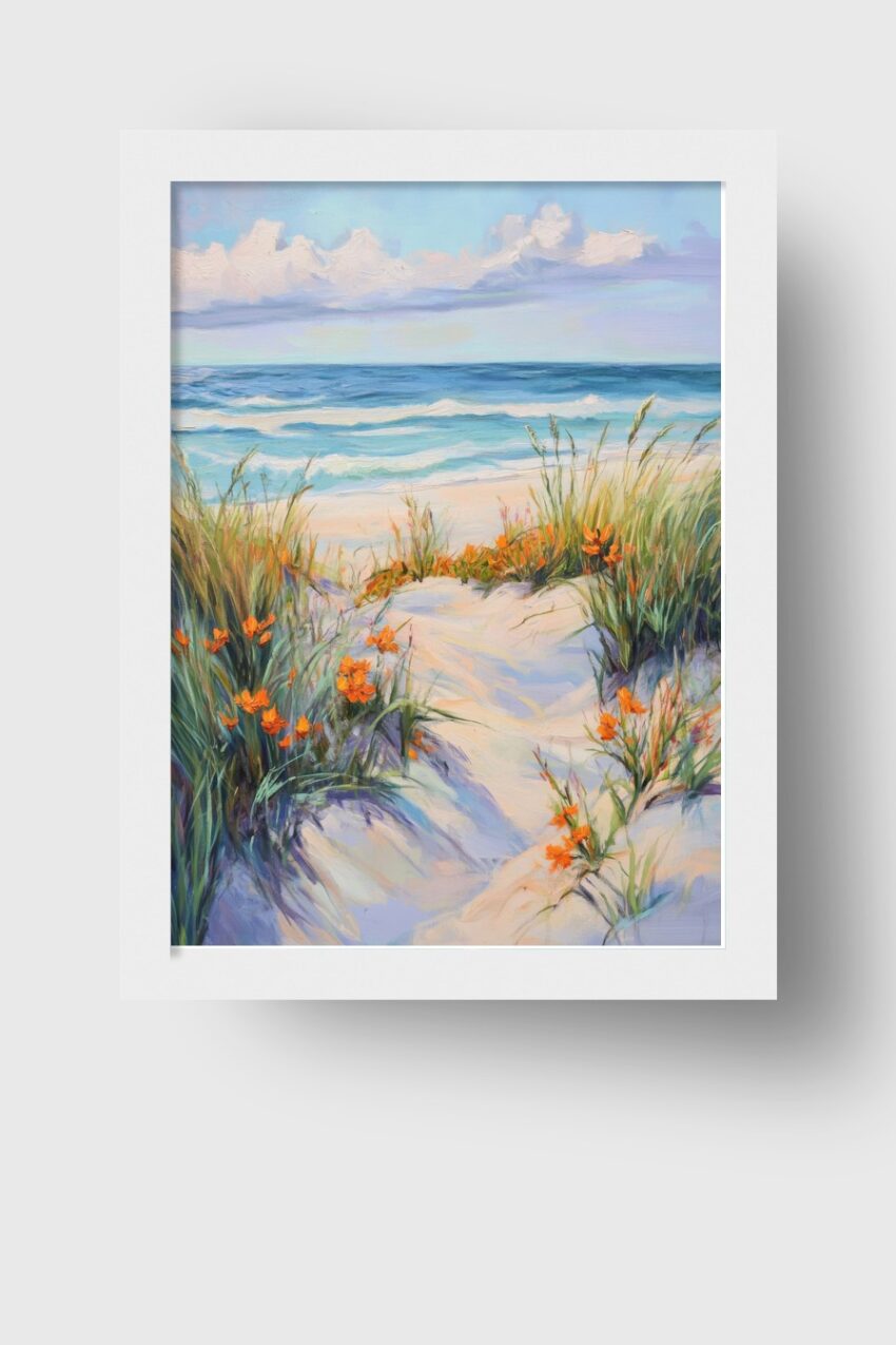 Malerei Poster Strandweg Blumen orange Natur Dünen