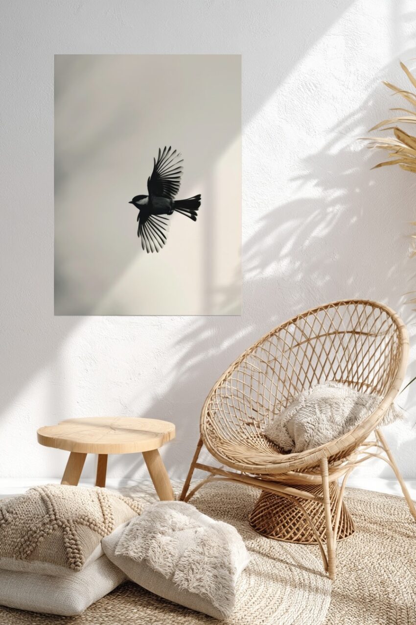 Fotografie Poster Kohlmeise Flügel gespreizt schwarz-weiß
