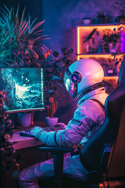 Astronaut am Computer Poster
