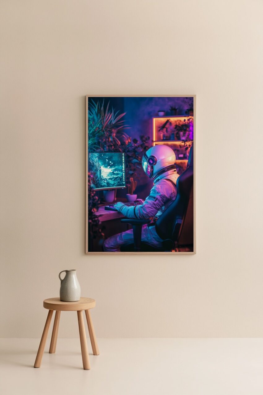 Fotografie Poster Astronaut Computer neonfarben futuristisch