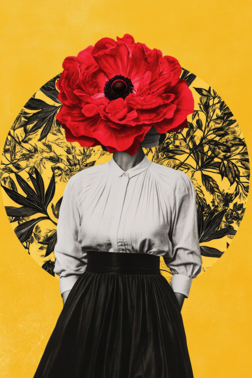 Digitale Kunst Poster Frau Blume rot schwarz-weiß gelb