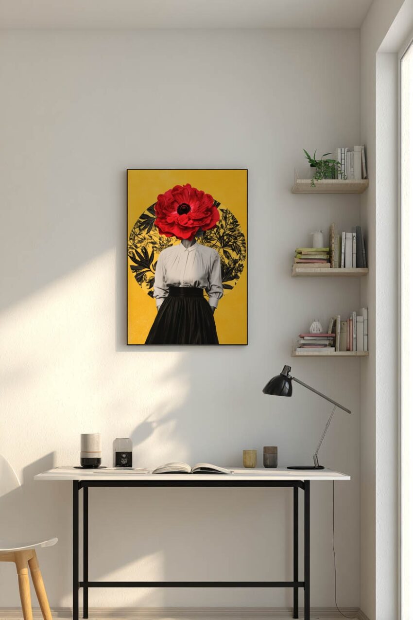 Digitale Kunst Poster Frau Blume rot schwarz-weiß gelb