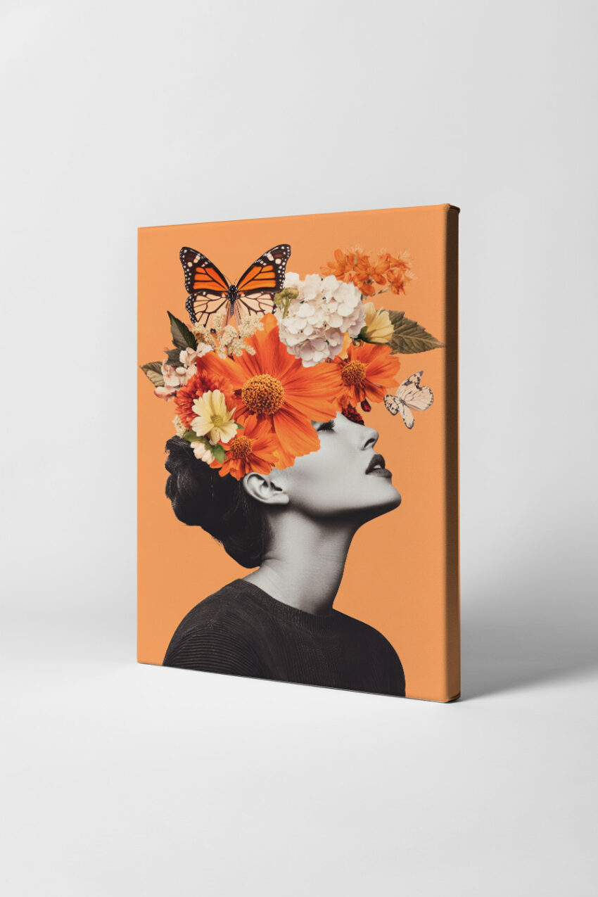 Digitale Kunst Poster Frau Blütenkranz schwarz-weiß orangefarben