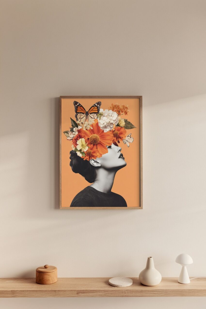 Digitale Kunst Poster Frau Blütenkranz schwarz-weiß orangefarben